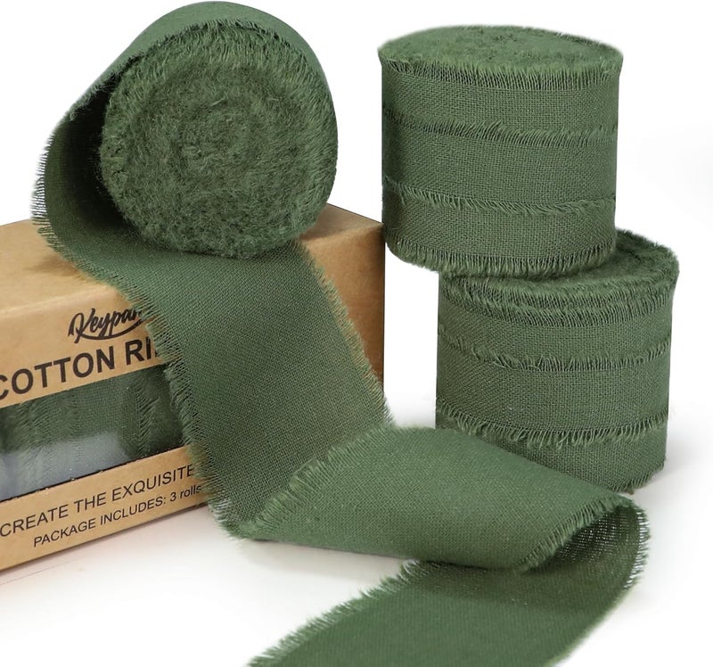 Keypan Hunter Green Ribbon 1-1/2 x 15 Yards Handmade Cotton Frayed Fringe Fabric Ribbons for Crafts Flower Bouquets Wedding Christmas Tree Home DIY Decor - Image 1